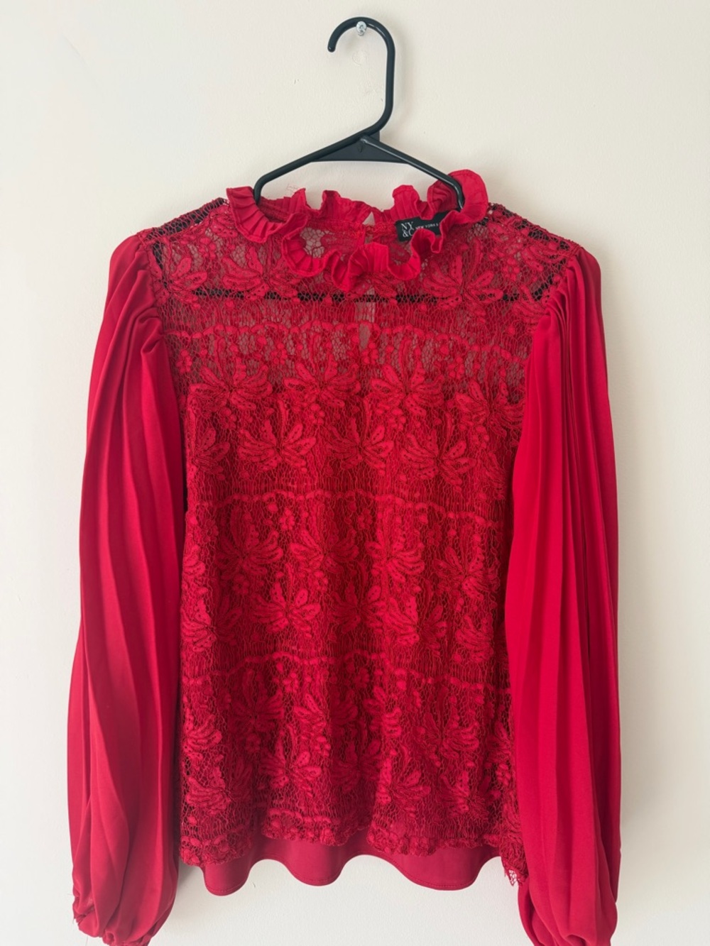 New York & Co Womens Red Lace Long-Sleeve Blouse with Ruffle Neck Holiday Medium